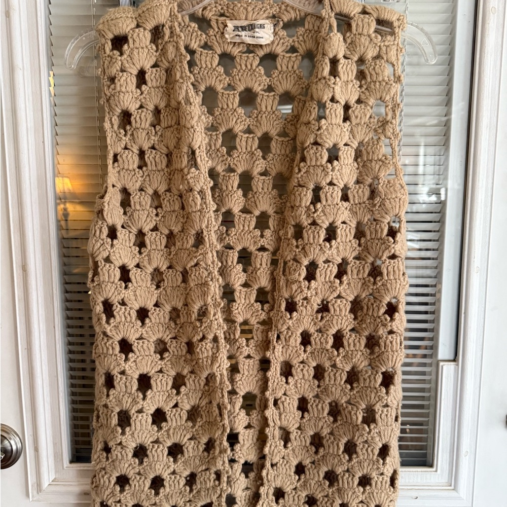 Ardee Tan Crochet Sweater Vest Boho Cottage Core 100% Wool See measurement EUC